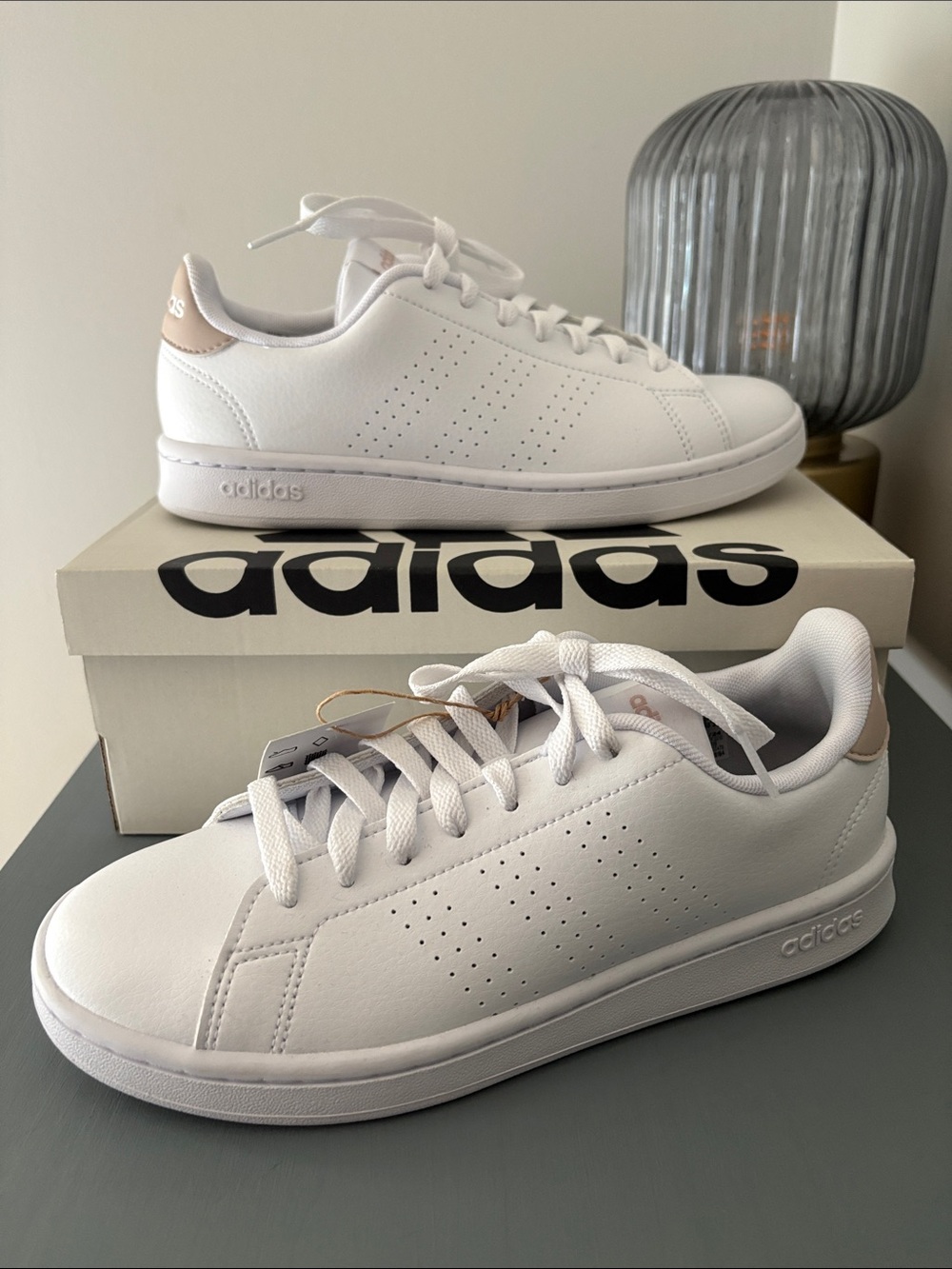 adidas White Women's Advantage Lace-Up Cloudfoam Sneakers with Subtle Rose Logo